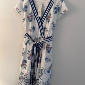 Floral V-Neck Dress with Blue Accents